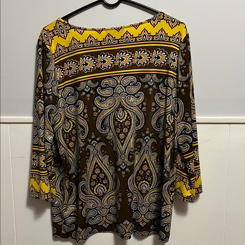 Bob Mackie Yellow and Brown Paisley 3/4 Sleeve Top Art to Wear size Large - Picture 3 of 3